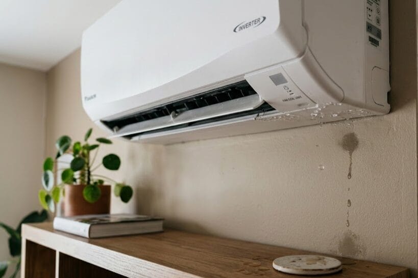 Wall-mounted mini-split air conditioner leaking water, with droplets running down the wall and dripping onto a shelf—sign of AC condensation or drain issue.