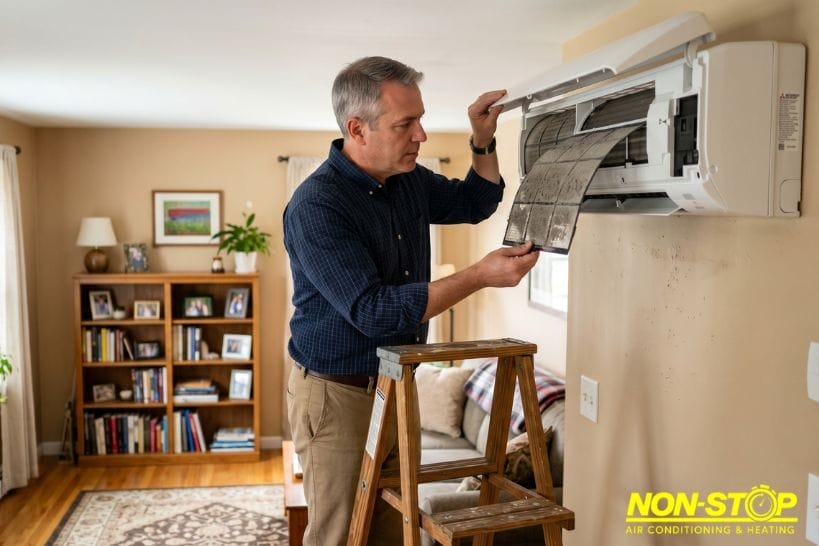 Man cleaning a dirty filter in a wall-mounted ductless mini-split air conditioner inside a living room.